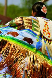 Colored photograph of a woman wearing Native American regalia from behind. Her shawl billows out behind her showing of a decorative pattern of mountains and bison.